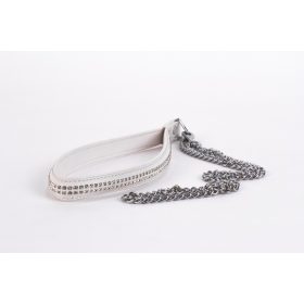   Lamb Leather Handle with 2 Rows of Small Rhinestones and Metal Chain White