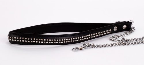 Lamb Leather Handle with 2 Rows of Small Rhinestones and Metal Chain Black