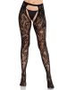 Rose Lace Crotchless Tights with Open Back - Black O/S