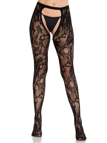 Rose Lace Crotchless Tights with Open Back - Black O/S
